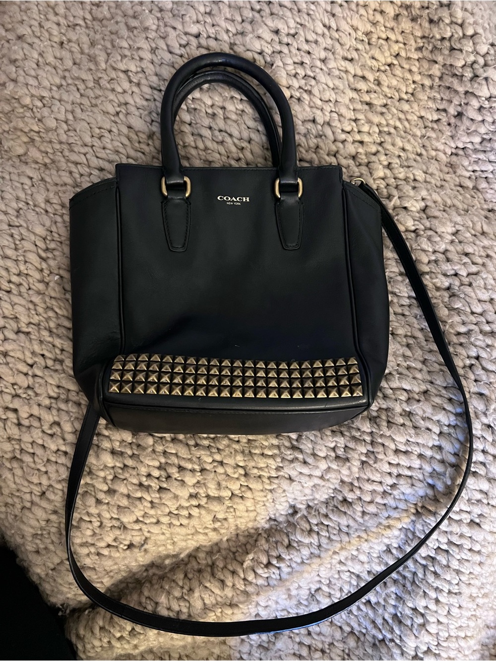 Coach Black Leather Satchel with Gold Stud Trim